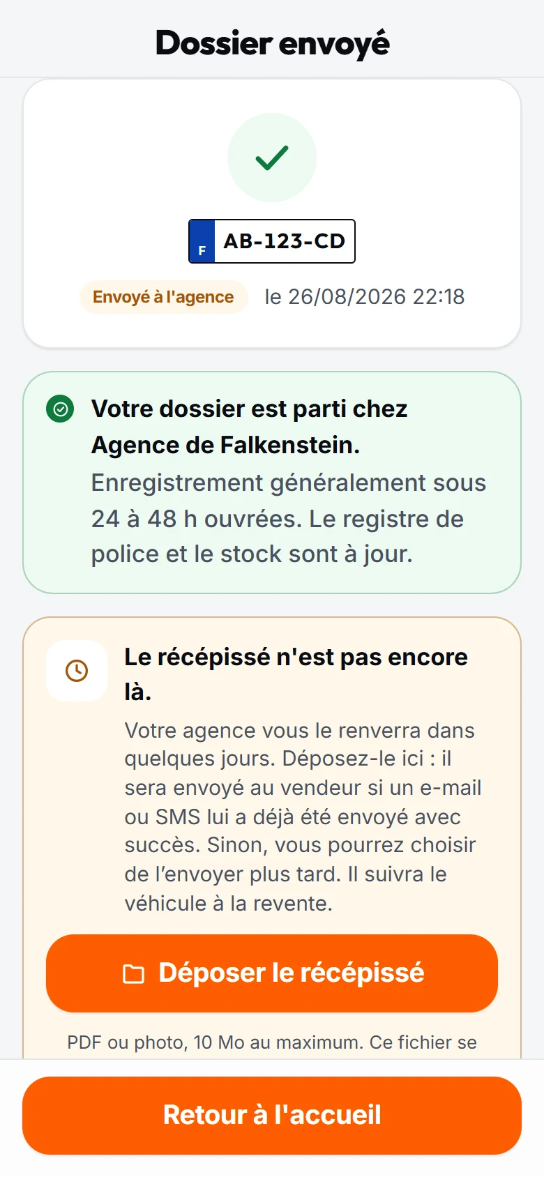 L’écran « Dossier envoyé » de Garagio.